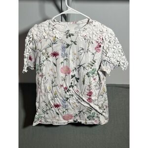 Women's Floral Print Top XS White Crochet Lace Short Sleeve Blouse